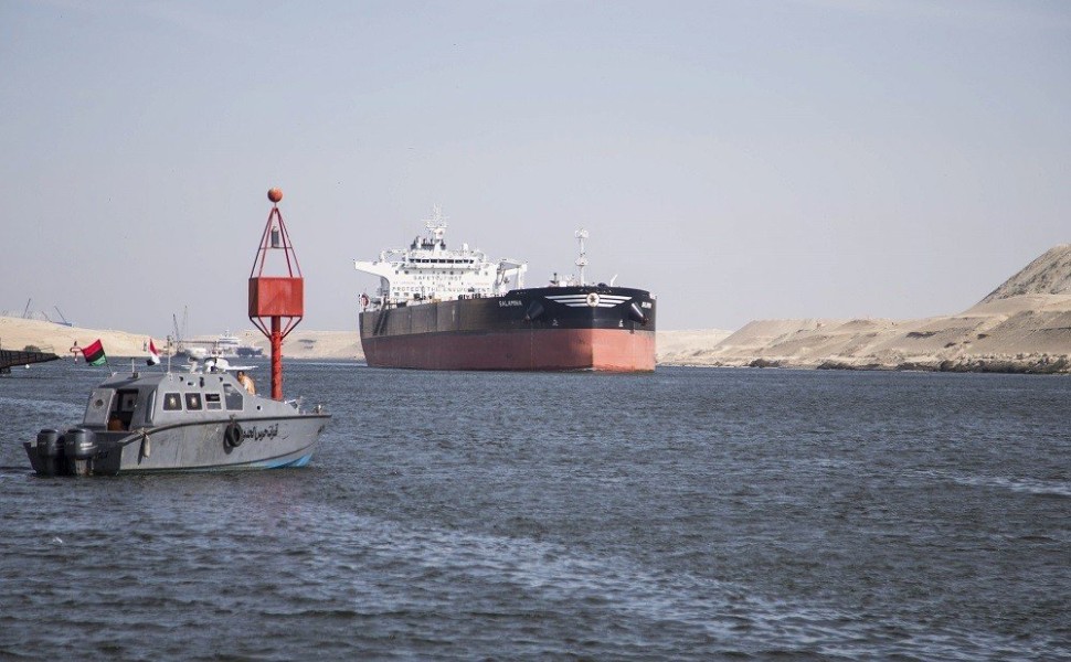 epa08003783 Crude Oil Tanker SALAMINA sails through the Suez Canal in Ismailia, Egypt, 17 November 2019, as Egypt marks the 150th anniversary of the Canal's opening to international navigation. According to the Suez Canal Authority figures, 1.3 million ve