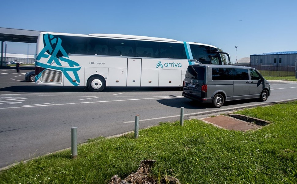A bus with AEK football players under police escort leave Dr. Franjo Tudjman International Airport, in Zagreb, Croatia, on August 14, 2023. AEK will play tommorow against Dinamo Zagreb in Third qualifying round of the UEFA Champions League. Photo: Zeljko 