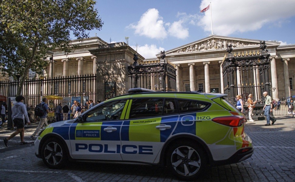 epa10804252 A police car patrols around the British Museum in London, Britain, 17 August 2023. The British Museum said they dismissed a member of staff and the Metropolitan Police are investigating after artefacts which hadn't been on public display were 