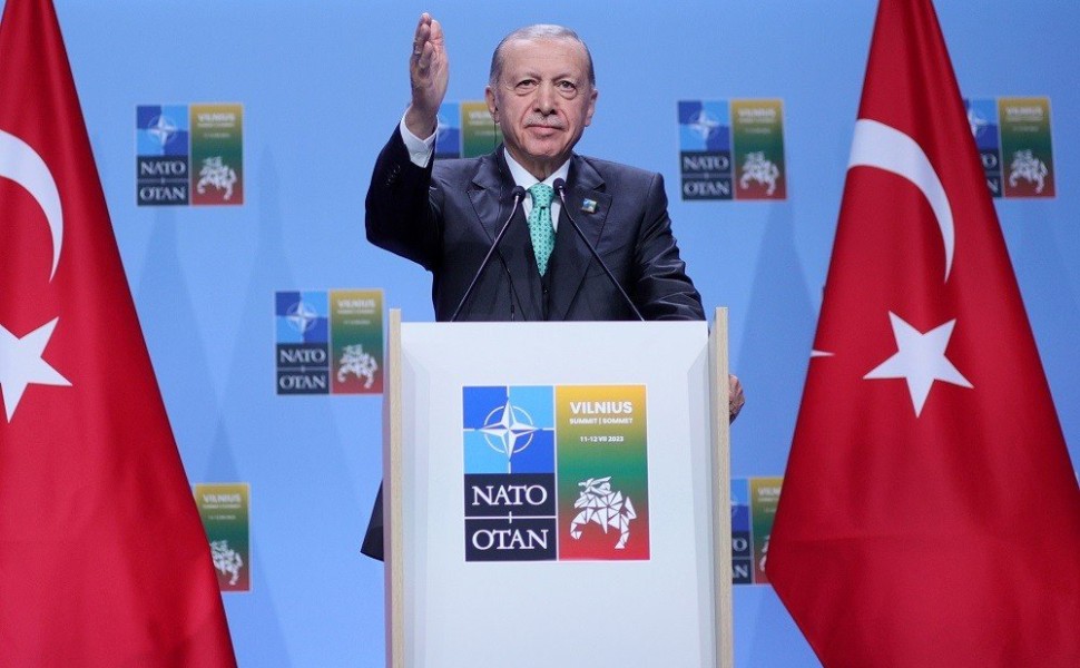 epa10741858 President of Turkey Recep Tayyip Erdogan attends a press conference during the NATO ​summit in Vilnius, Lithuania, 12 July 2023. The North Atlantic Treaty Organization (NATO) Summit takes place in Vilnius on 11 and 12 July 2023 with the allian