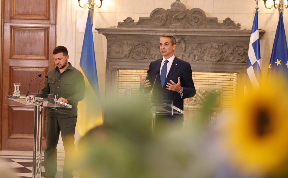 Συνάντηση του Πρωθυπουργού Κυριάκου Μητσοτάκη με τον Πρόεδρο της Ουκρανίας Βολοντίμιρ Ζελένσκι. Δευτέρα 21 Αυγούστου 2023  (ΓΙΩΡΓΟΣ ΚΟΝΤΑΡΙΝΗΣ / EUROKINISSI)