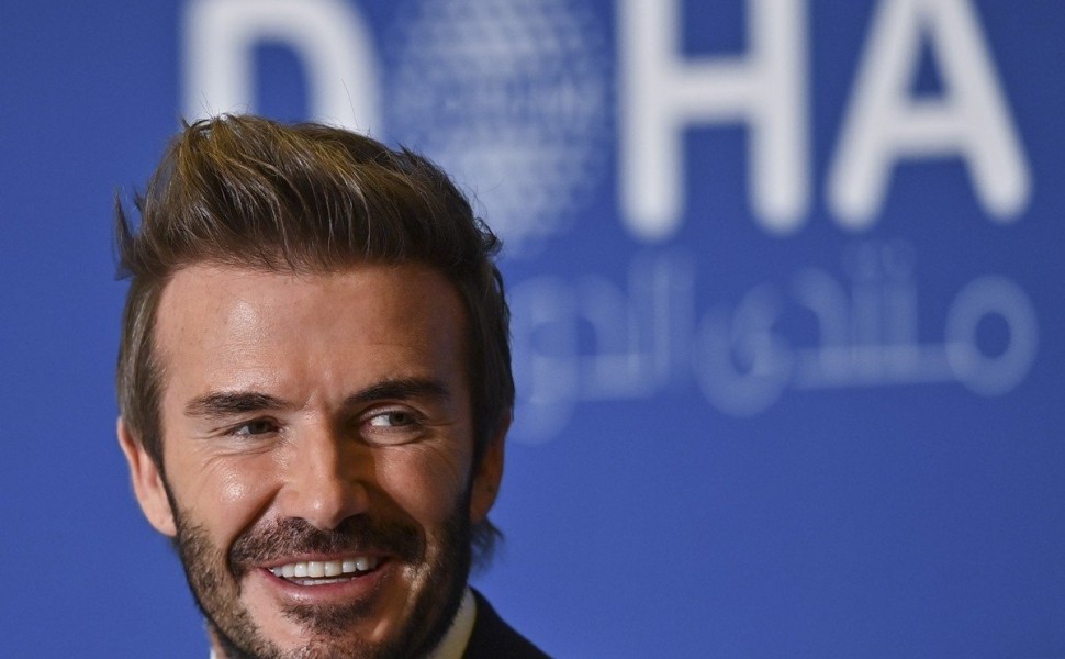 epa09852826 David Beckham, UNICEF Ambassador and Former Professional Footballer speaks during the Plenary Session of the final day of Doha Forum at the Sheraton Grand Doha Resort &amp; Convention Hotel in Doha, Qatar, 27 March 2022.  EPA/NOUSHAD THEKKAYIL