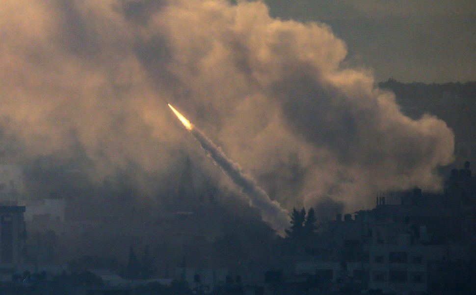 epa10904964 A rocket is launched from the coastal Gaza strip towards Israel by militants of the Ezz Al-Din Al Qassam militia, the military wing of Hamas movement, in Gaza City, 07 October 2023. Rocket barrages were launched from the Gaza Strip early Satur