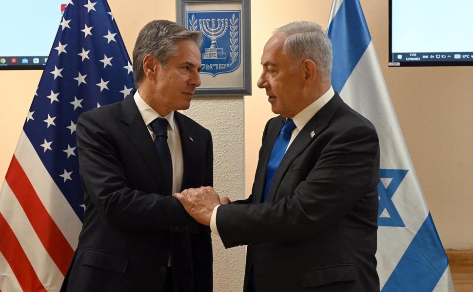 epa10914733 A handout photo made available by Israel's Government Press Office (GPO) shows Israeli Prime Minister Benjamin Netanyahu (R) and US Secretary of State Antony Blinken during a meeting at the Kirya, which houses the Israeli Ministry of Defense, 