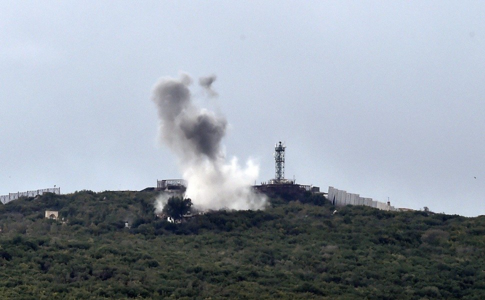 epa10920596 Smoke rises after Hezbollah targeted an Israeli army post in the vicinity of Ayta ash-Shab village, near the Lebanese-Israeli border, Lebanon, 15 October 2023. According to the Israeli Defense Forces (IDF), anti-tank missiles were fired at sol