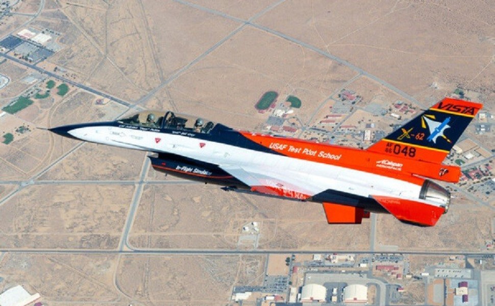 The X-62A VISTA Aircraft flying above Edwards Air Force Base, California. (Photo Credit: Kyle Brasier, U.S. Air Force)