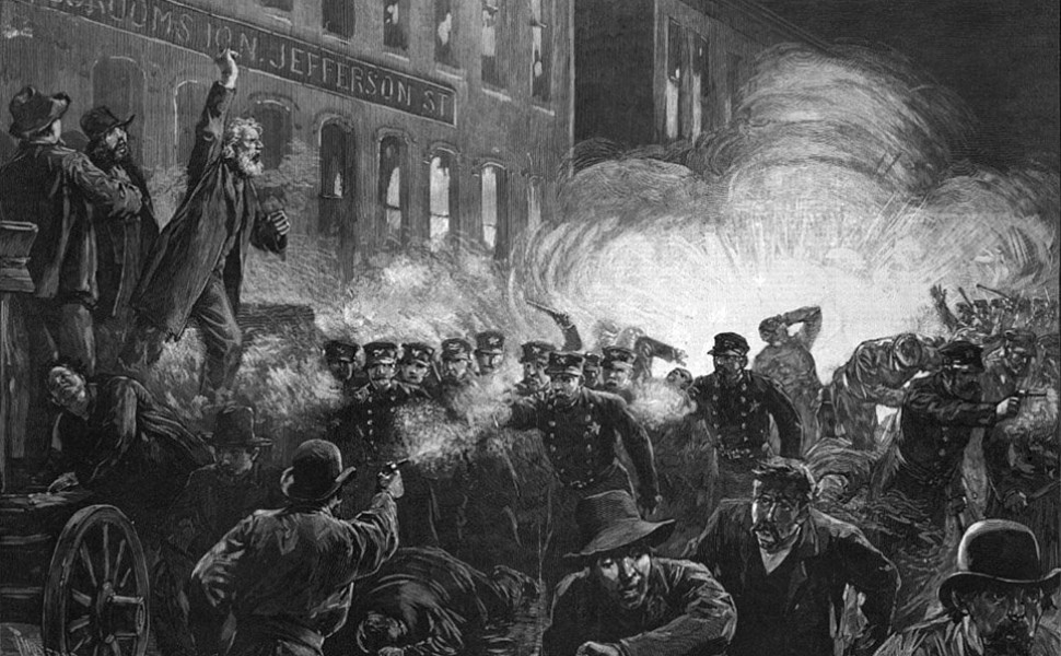 Μία από τις πιο γνωστές απεικονίσεις των γεγονότων στην πλατεία Haymarket στο Σικάγο το 1886. Πηγή: Wikimedia Commons