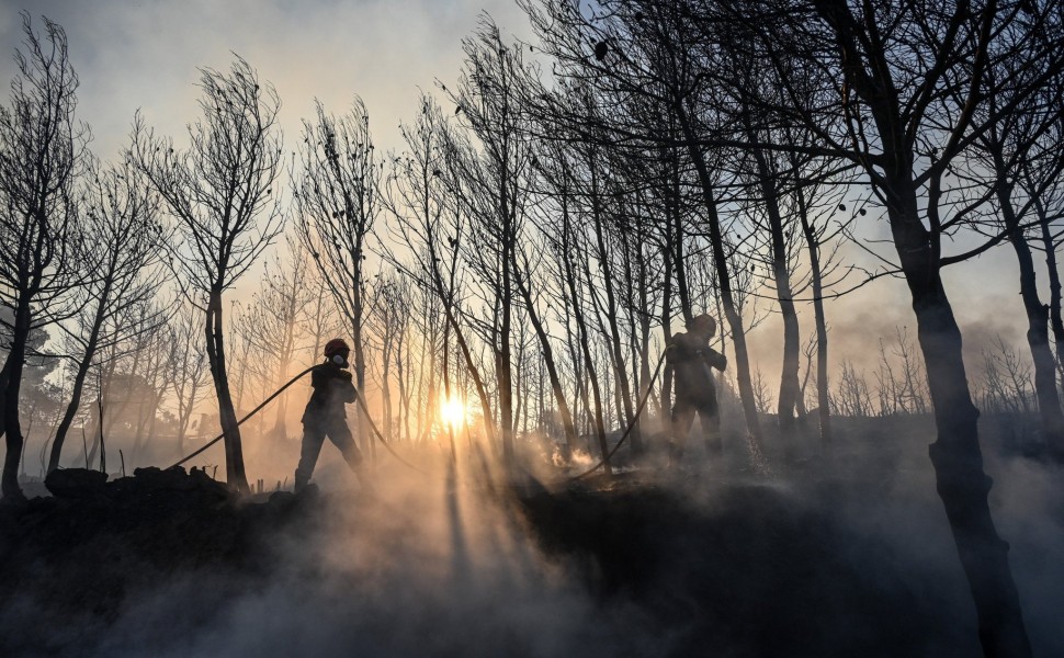Πυροσβέστες στη μάχη της κατάσβεσης στην επικίνδυνη φωτιά στη Σταμάτα Αττικής / Eurokinisi