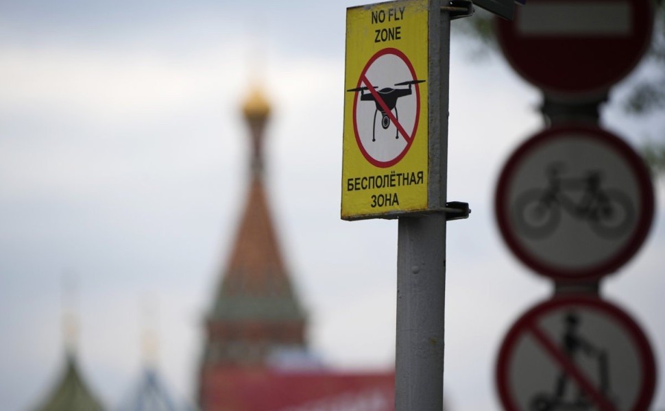 A 'No fly zone' sign is seen at the empty Red Square closed for Victory Parade preparation, next to the Moscow Kremlin, in Moscow, Russia, Wednesday, May 3, 2023. Russian authorities have accused Ukraine of attempting to attack the Kremlin with two drones