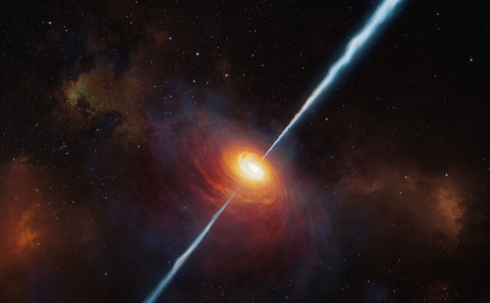 This artist’s impression shows how the distant quasar P172+18 and its radio jets may have looked. To date (early 2021), this is the most distant quasar with radio jets ever found and it was studied with the help of ESO’s Very Large Telescope. It is so dis