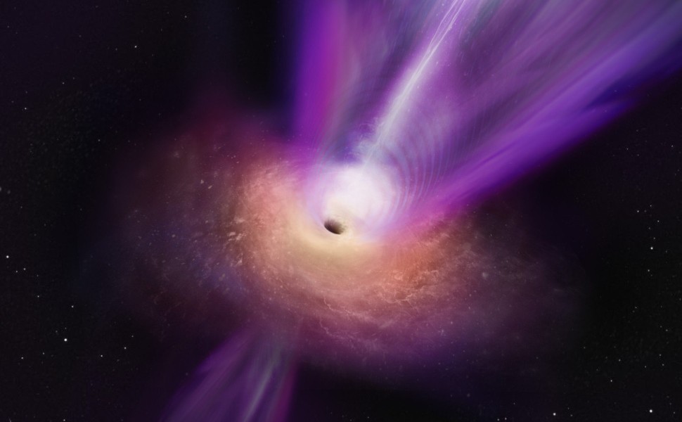 Scientists observing the compact radio core of M87 have discovered new details about the galaxy’s supermassive black hole. In this artist’s conception, the black hole’s massive jet is seen rising up from the centre of the black hole. The observations on w