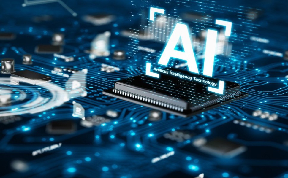3D render AI artificial intelligence technology CPU central processor unit chipset on the printed circuit board for electronic and technology concept select focus shallow depth of field