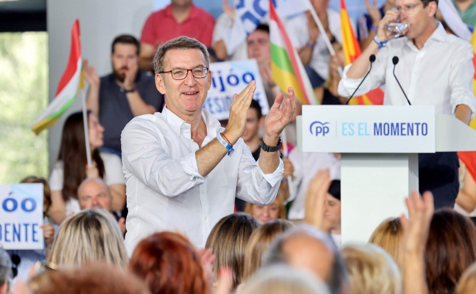 epa10747692 Spanish Partido Popular (PP) leader Alberto Nunez Feijoo attends an electoral meeting in Logrono city, northern Spain, 15 July 2023. PP was the most voted party at the regional and local elections on 28 May and aims to win Spain's early genera