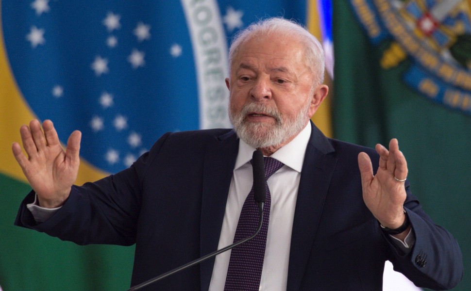 epa10760829 A handout photo made available by Agencia Brasil showing Brazilian President Luiz Inacio Lula da Silva during an announcement at the Planalto Palace in Brasilia, Brazil, 21 July 2023. Lula da Silva spoke about a set of measures to strengthen p