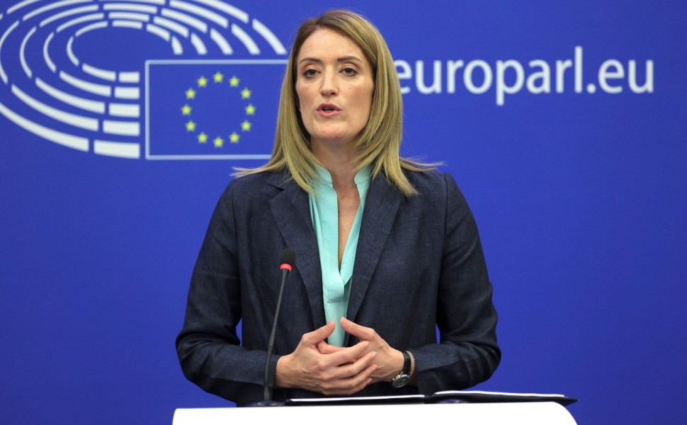 epa10740909 European Parliament President Roberta Metsola speaks during a press conference on EU Protection from strategic lawsuits against public participation at the European Parliament plenary session in Strasbourg, France, 12 July 2023. The session ru